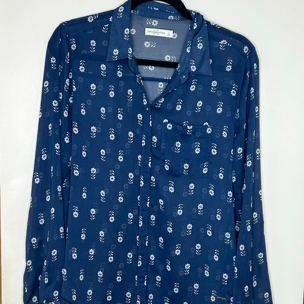 Large Abercrombie and Fitch Sheer Button Down Top Blue Floral Flowers